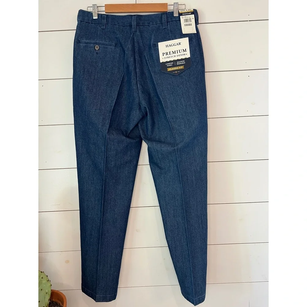 NWT Haggar Premium Stretch Denim Pants Mens 34x32 Classic Fit Blue Jeans
